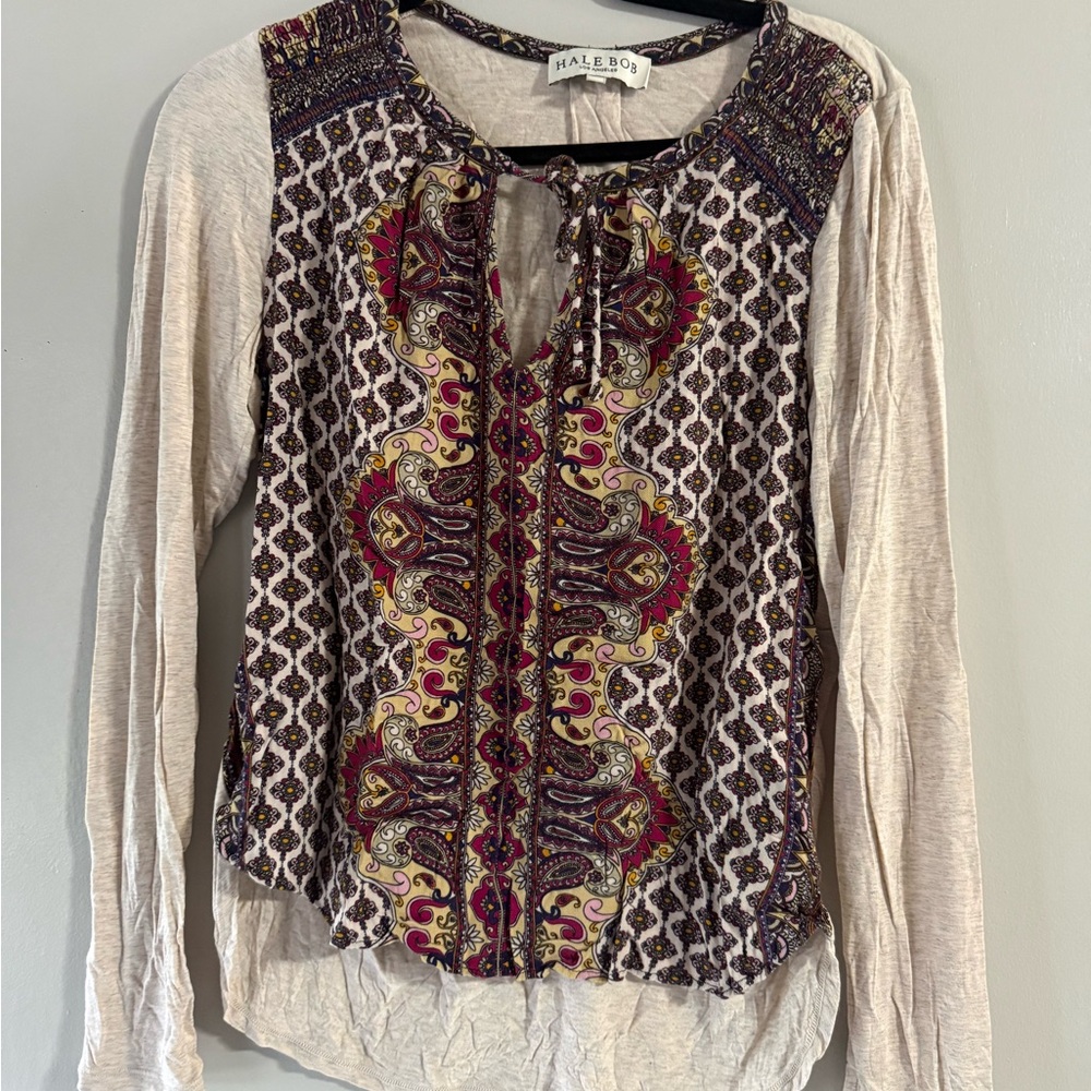 Hale Bob Women's Cream and Purple Patterned Blouse